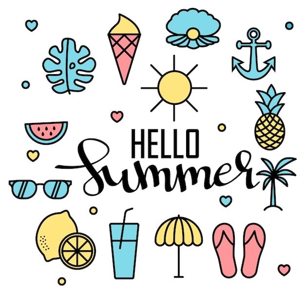 Hello summer vector illustration, background. fun quote hipster design logo or label. hand lettering inspirational typography poster, banner. eps 10
