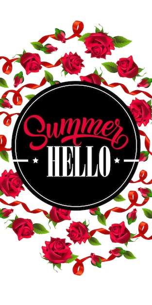 Hello summer vertical banner with red ribbons and roses.