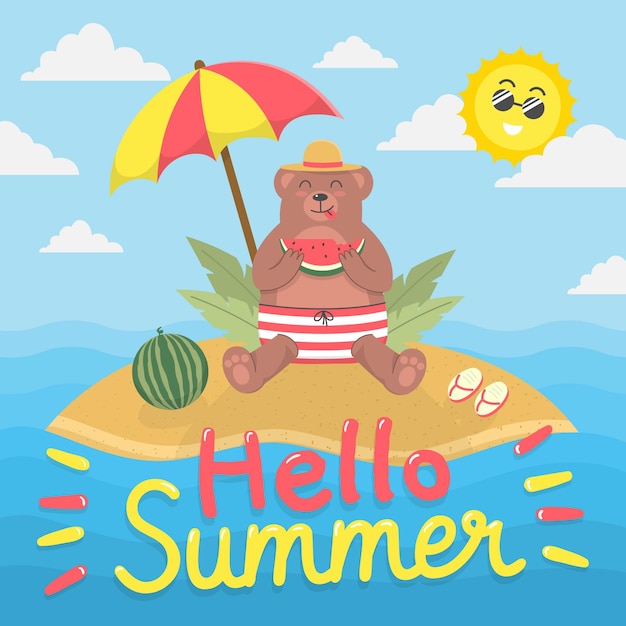 Free vector hello summer with bear on island eating watermelon