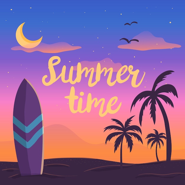 Free vector hello summer with sunset on beach