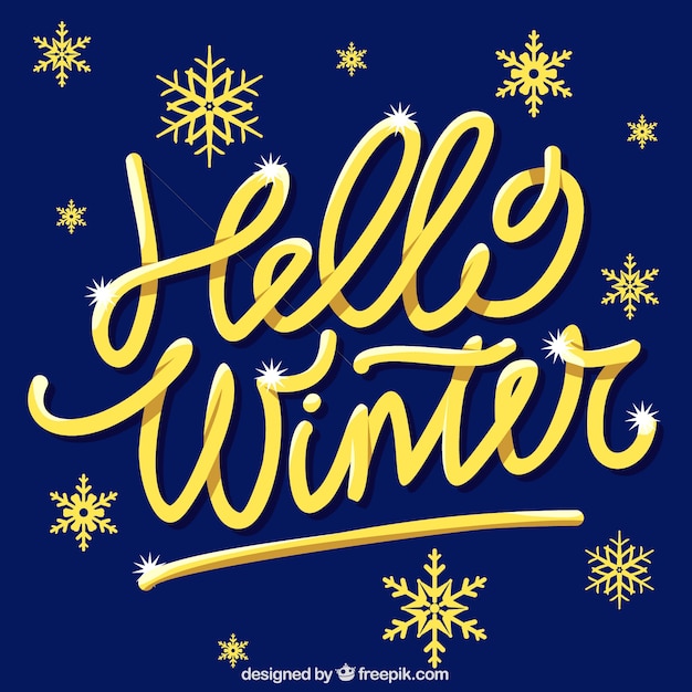 Hello winter background with golden lettering