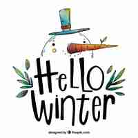 Free vector hello winter background with a hand drawn snowman