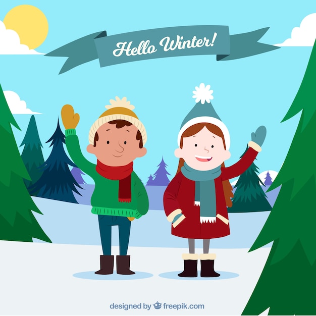 Free vector hello winter background with happy kids