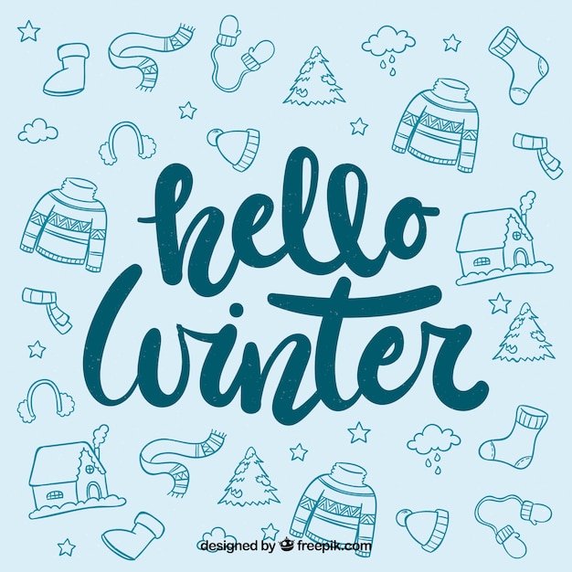 Free vector hello winter blue hand drawn background