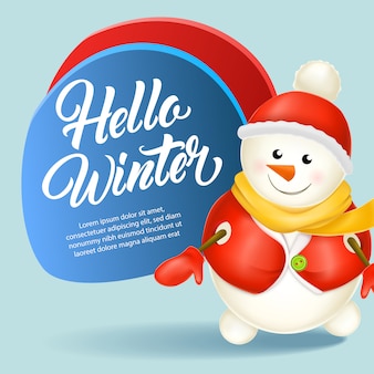 Привет зимний дизайн поздравительной открытки. снеговик