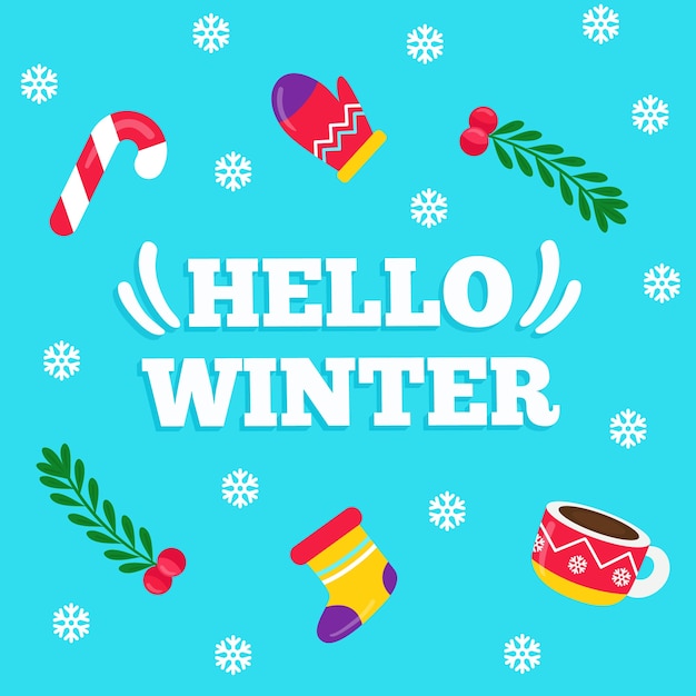 Hello winter lettering on blue background