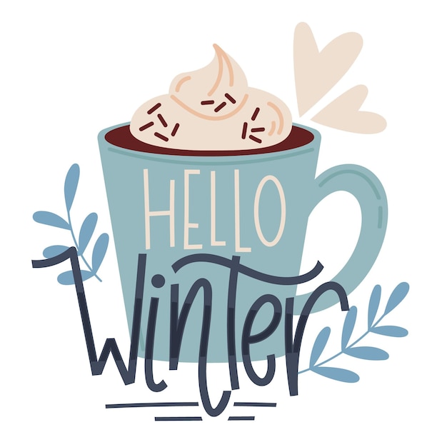 Free vector hello winter lettering on a cup of hot chocolate