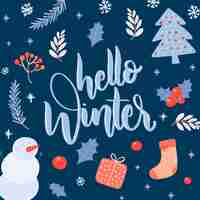 Free vector hello winter lettering on dark blue background