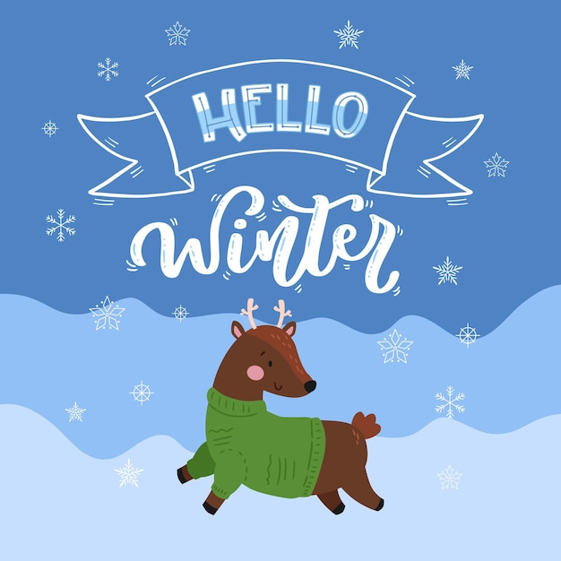 Free vector hello winter lettering with cute baby reindeer