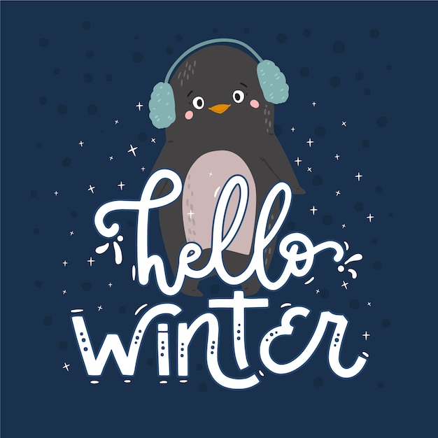 Hello winter lettering with penguin