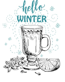 Здравствуй, зимние согревающие напитки. эскизы зимних напитков. коллекция горячих напитков и специй.