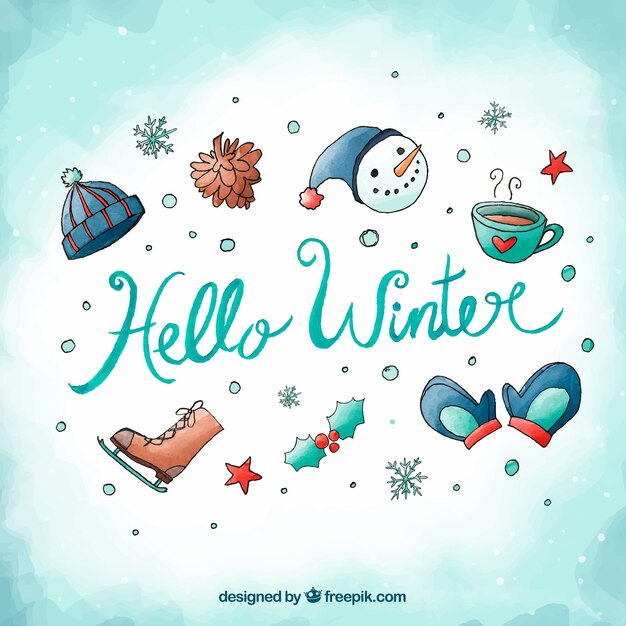 Hello winter watercolour background with winter attributes