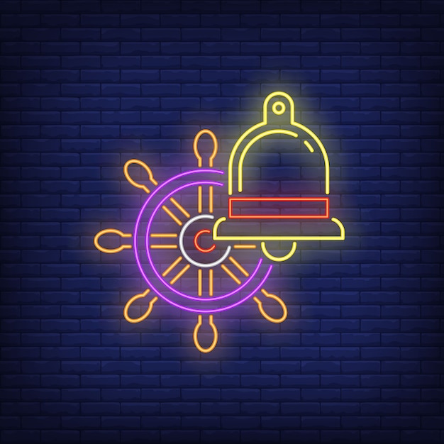 Free vector helm and bell neon sign. ship steering wheel. glowing banner or billboard elements.