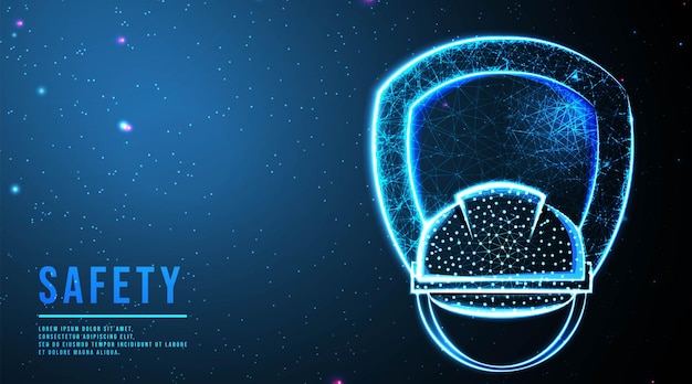ヘルメットの構造とシールドセキュリティの概念は、濃い青の背景に点と線のベクトルの図の未来的なデザインを接続することから、低ポリワイヤーフレームメッシュデザインを抽象化します