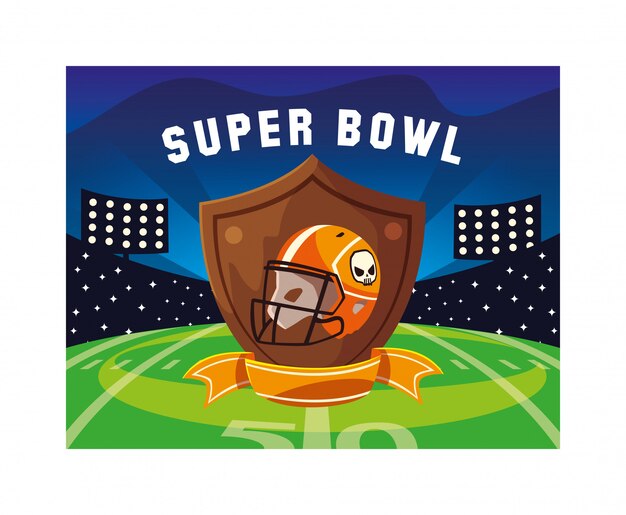 Premium Vector | Super bowl label with football stadium and helmet
