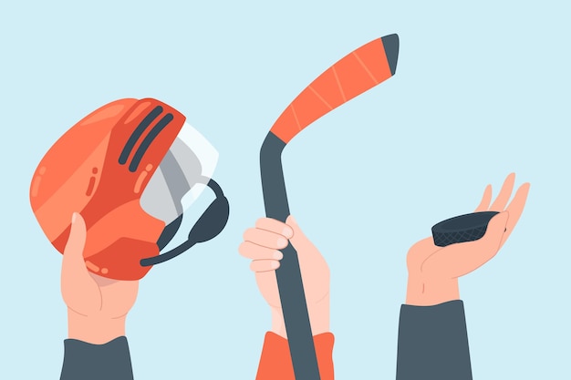 Шлем, шайба и хоккейная клюшка в руках плоские векторные иллюстрации. Форма и товары для профессионального хоккея. Концепция спортивной игры