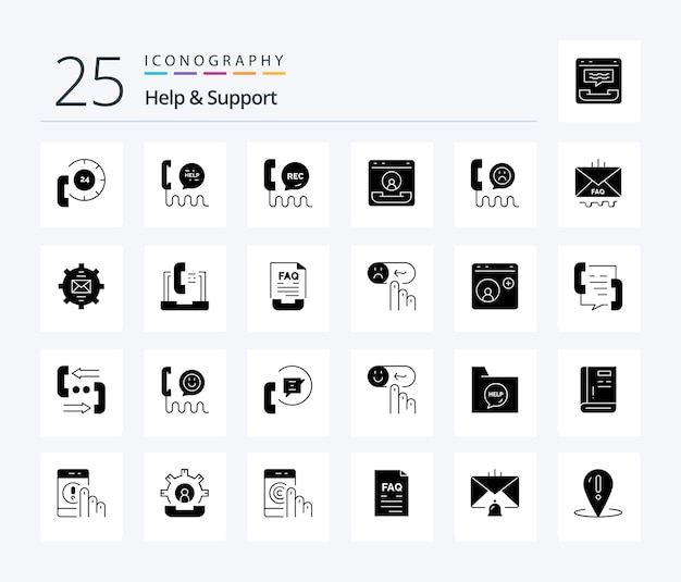 Бесплатное векторное изображение Помощь и поддержка 25 пакетов значков solid glyph, включая справку, связь, телефон, почту, электронную почту