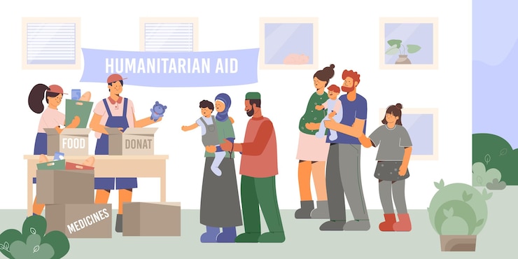Free Vector help poor family composition with outdoor scenery and group of volunteers giving humanitarian aid