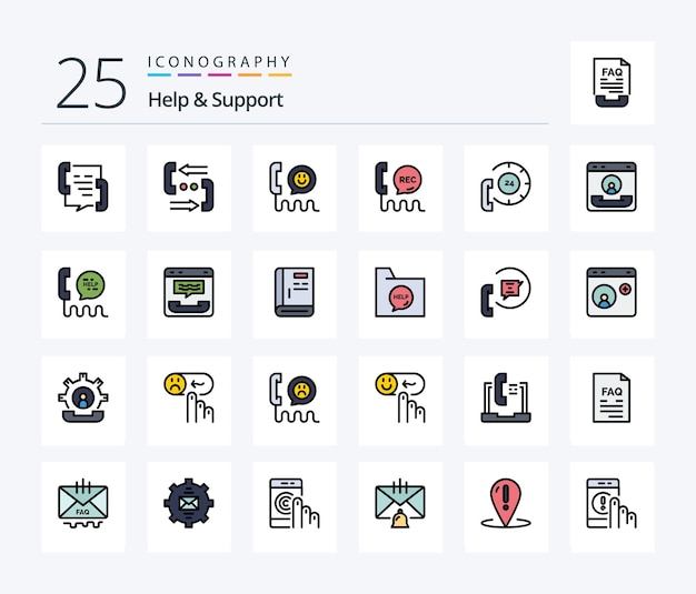 Help And Support 25 Line Filled icon pack including document communication contact support guide