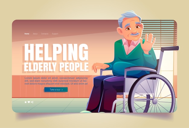 Бесплатное векторное изображение Помогая пожилым людям баннер. концепция помощи пожилым людям, помощи и ухода за пожилыми людьми. векторная целевая страница с карикатурой пенсионера, сидящего в инвалидной коляске