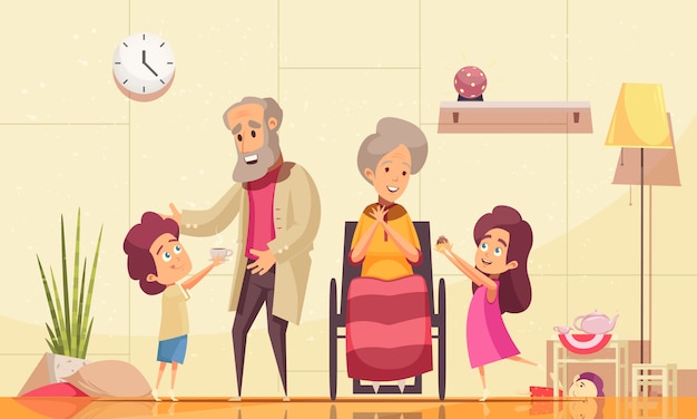 Helping elderly people home flat cartoon composition with\
grandchildren serving coffee cakes to old grandparents