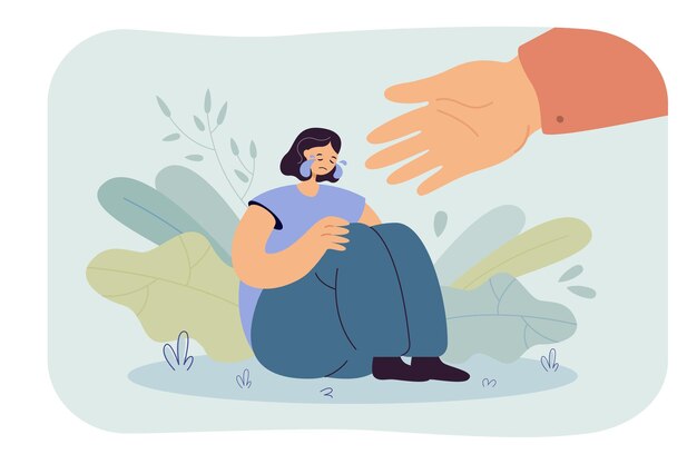 Helping hand for depressed crying person. Cartoon illustration