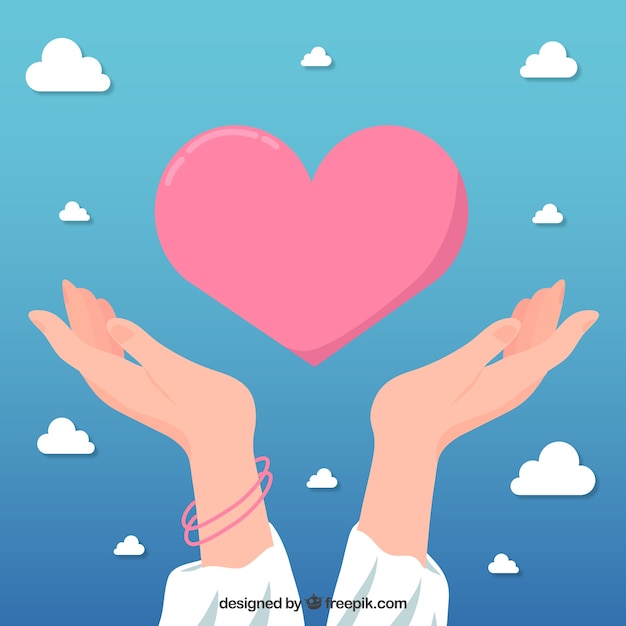 Helping hand with heart background in flat style