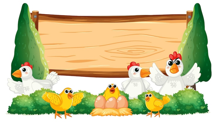 Free Vector hen and chick in nature with wooden board template