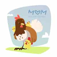 Vettore gratuito gallina e le sue galline che giocano all'aperto festa della mamma