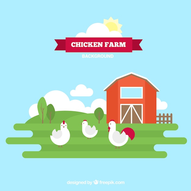 Hen house with chickens in flat design