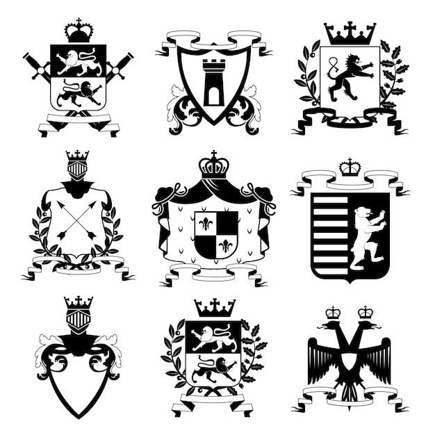 Free vector heraldic coat of arms family crest and shields emblems design black icons collection abstract isolated vector illustration