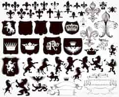 Free vector heraldic collection of shields, silhouettes of lions, griffins and fleur de lis