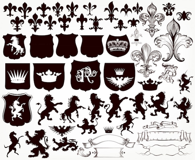 Heraldic collection of shields, silhouettes of lions, griffins and fleur de lis