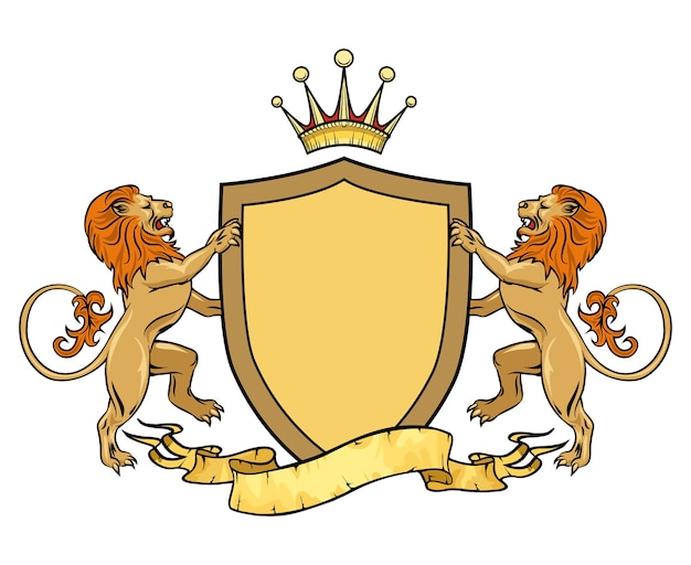 방패와 리본이 달린 전령 사자. 팔의 외투. 전령 및 문장, 중세 왕실 로고.