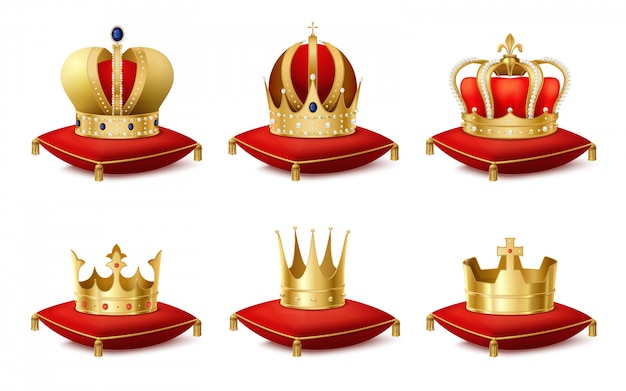 Free vector heraldic royal crowns on cushions realistic set