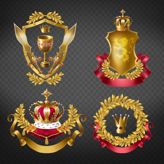 Heraldic royal emblems with golden monarch crowns, shield, laurel branches wreath, ribbon, goblet and sword 