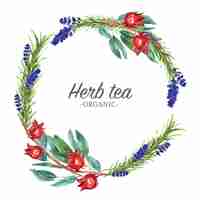 Free vector herbal tea wreath with lavender, roselle, bay watercolor illustration.