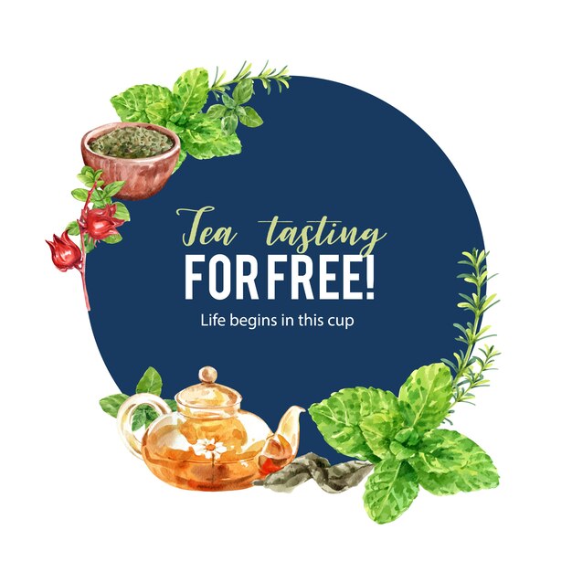 Free vector herbal tea wreath with peppermint, tea pot, rosemary watercolor illustration.