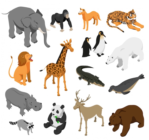 Free vector herbivorous and predatory zoo animals set of isometric icons on white  isolated