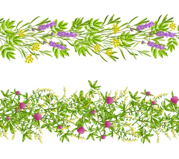 ハーブと野生の花のシームレスなパターン