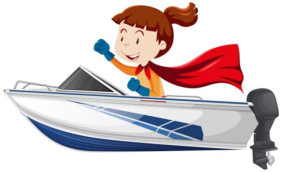 A Hero and girl sitting on a boat on a white background