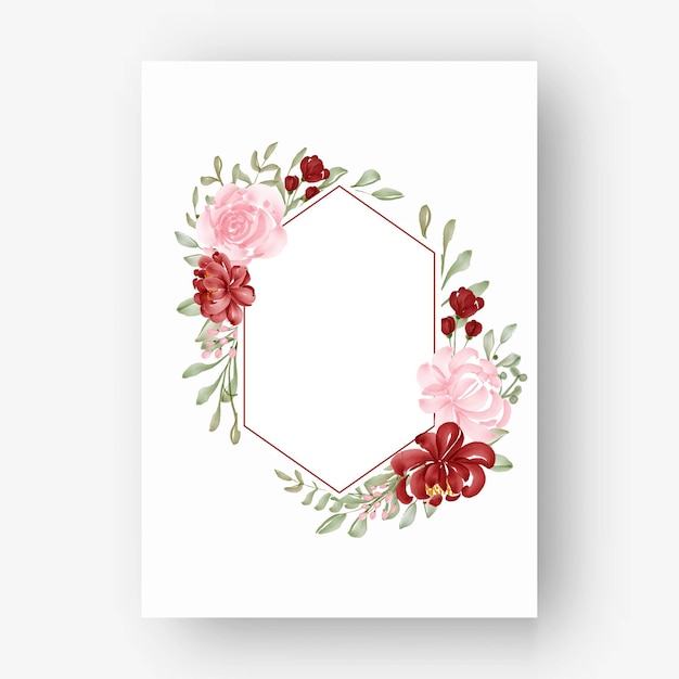 Hexagon flower frame with watercolor flowers red and pink