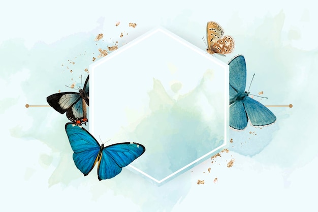 Hexagon frame with blue butterflies patterned background