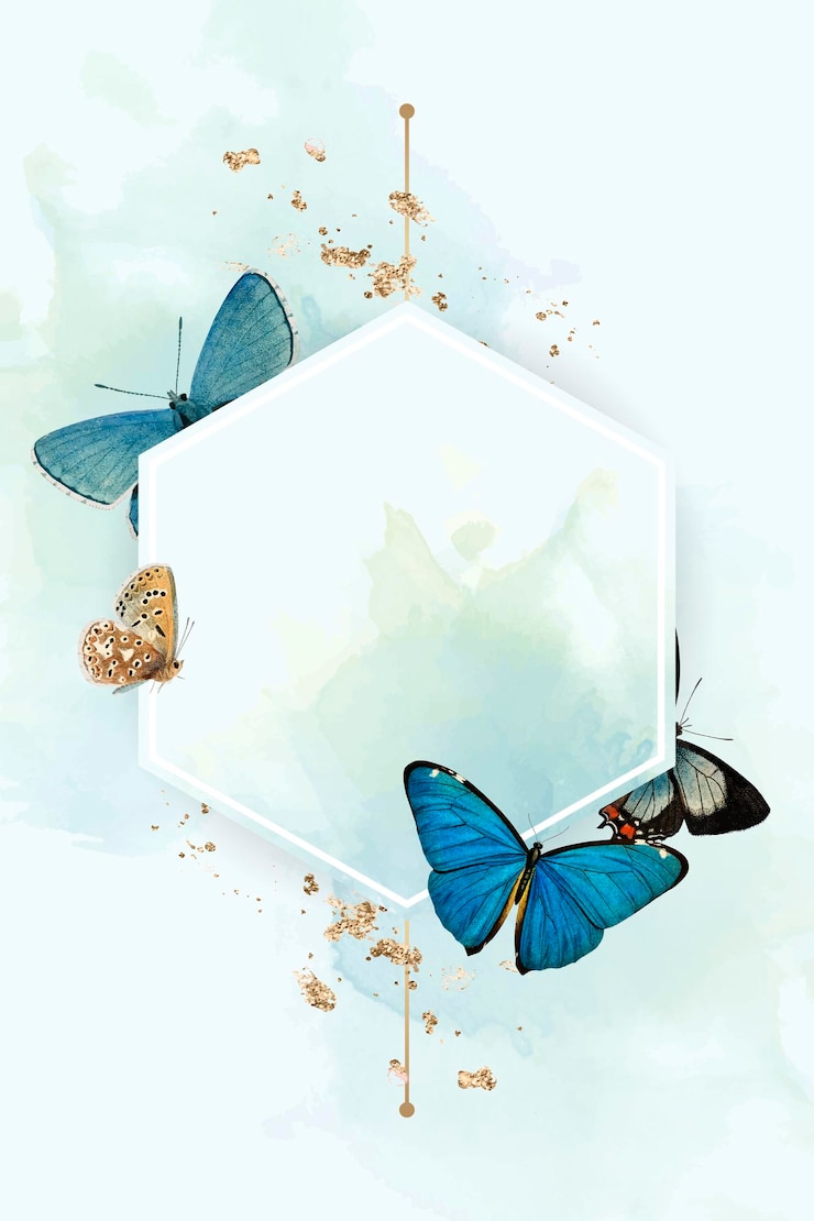 Free Vector hexagon frame with blue butterflies patterned background