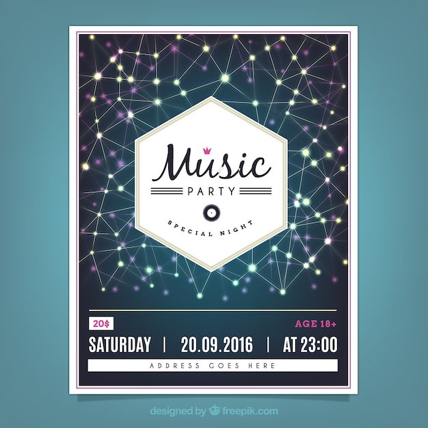 Free vector hexagon music party poster with lines and lights