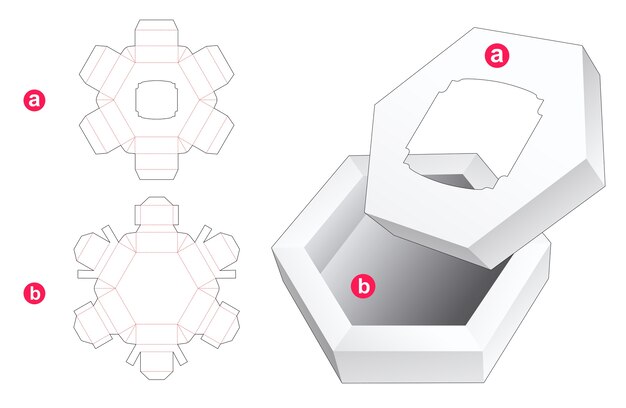 Hexagonal box and lid with vintage window die cut template