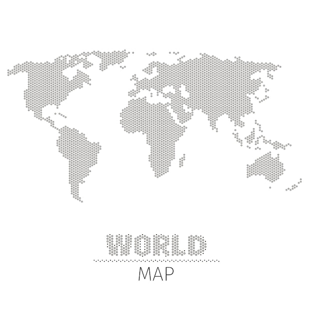 白い背景の図の六角形のドットの世界地図。モノクロスタイルの世界地図、地理と視覚化のインフォグラフィックの地図