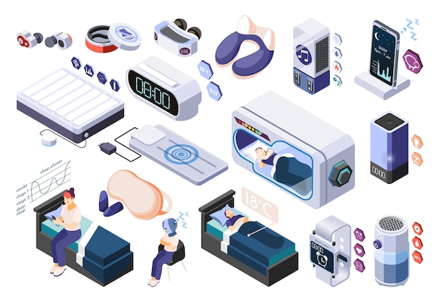 Hi-tech sleeping isometric recolor icon set with smart tools for good sleep vector illustration