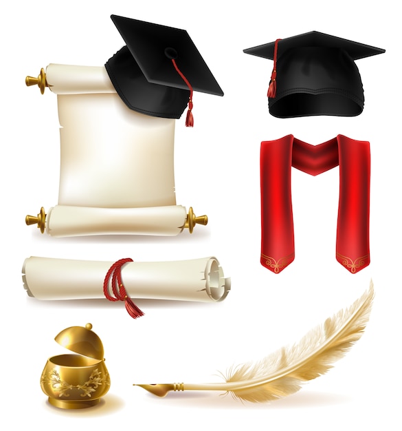 High education graduation symbols realistic vector set with mortarboard cap and scarf