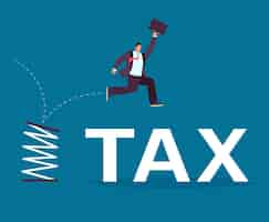 Free vector high jump of businessman reducing tax burden. happy exempt male character with briefcase jumping from flexible spring flat vector illustration. taxation, tax avoidance or exemption, leadership concept